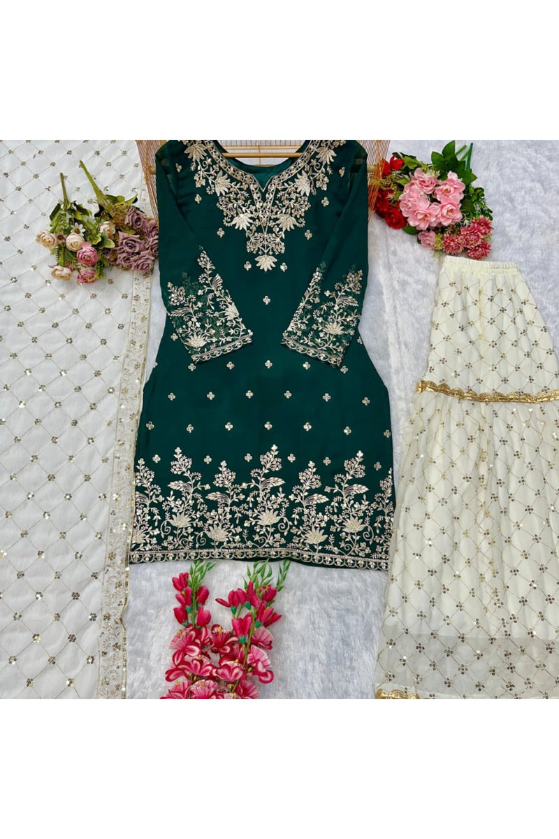 Faux Georgette Top Palazzo & Dupatta Set - HRT4609 - Image 3